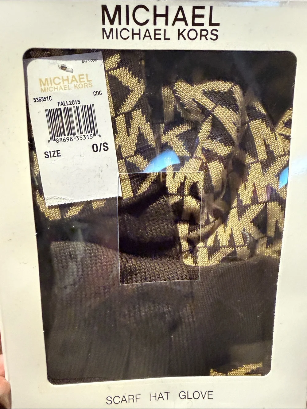 Michael Kors Black and Gold Logo Knit Scarf, Hat & Gloves Set